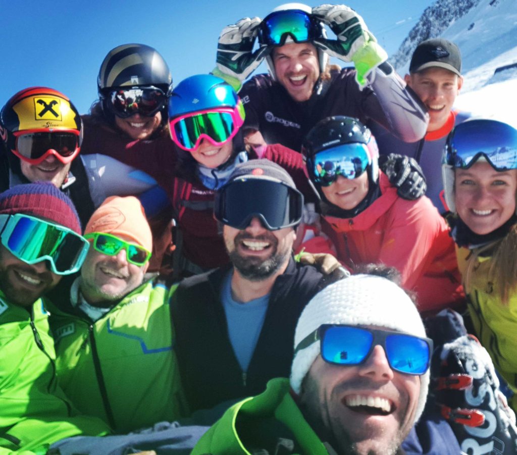 A happy group of ski instructor trainees training for their Eurotest