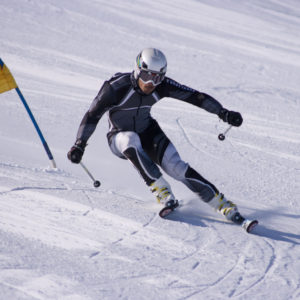 A skier training for giant slalom at a Eurotest training camp